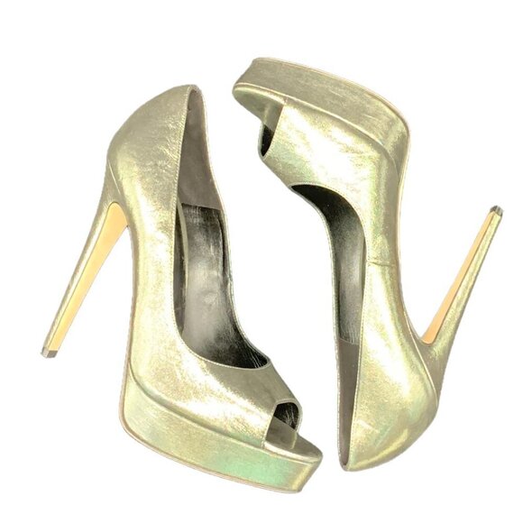 BRIAN Atwood Madison Avenue Gold Platform Peep Toe Heels Size 10.5 - Picture 3 of 10